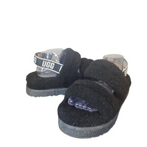 UGG Oh Fluffita Womens 10 Black Platform Sole Open Toe Slingback Strap Slippers